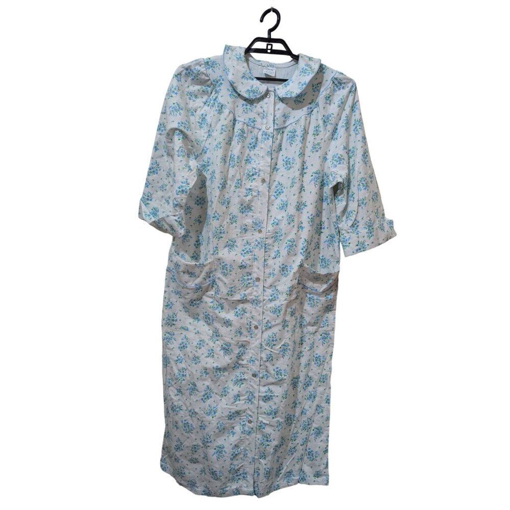 Carole Floral Cotton Nightgown Housecoat Blue White Button Front  vintage size S